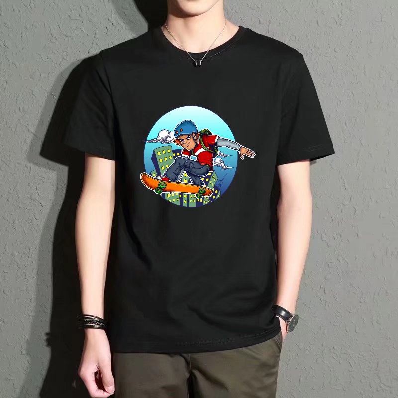 Street Fashion Youth - Men's Black Round-Neck Short-Sleeved T-Shirt, Trendy