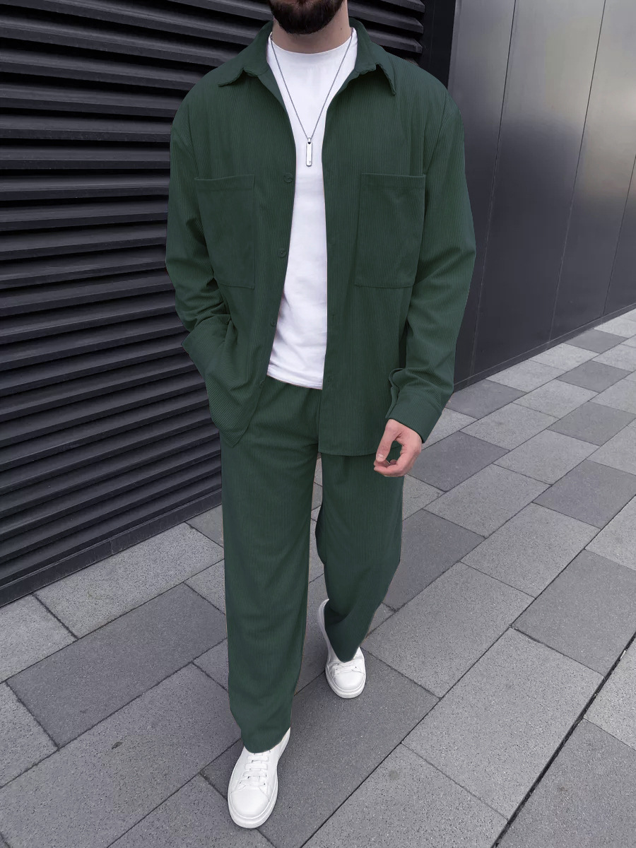 Street Fashion In China - Men's corduroy two-piece outfit: long-sleeved button-down